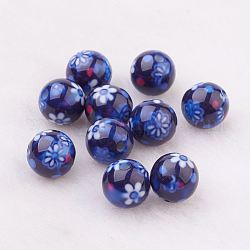Perles en résine peintes par pulvérisation, avec motif de fleurs, ronde, bleu foncé, 10mm, Trou: 2mm