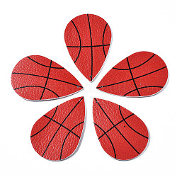 Gros pendentifs en cuir pu, larme avec motif de basket-ball, rouge, 55x36x2mm, Trou: 1mm