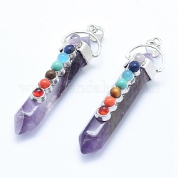Chakra Jewelry, Natural Amethyst Double Terminated Pointed Pendants, with Natural & Synthetic Mixed Stone Alloy Findings, Bullet, Platinum, 58~61x16.5~18x15.5~16mm, Hole: 4.5x7.5mm