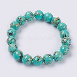 Bracelet extensible d'assemblage de coquillage naturel et de turquoise synthétique, ronde, turquoise foncé, perles: 6 mm, 2 pouce (5 cm)