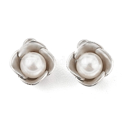 304ステンレス鋼ペンダント  白いプラスチックの模造真珠ビーズ付き  3 Dの花  ステンレス鋼色  10x8x6mm  穴：1.8mm