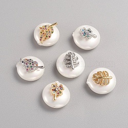Perles nacrées en coquilles, avec micro en laiton pavent zircone cubique, rond et plat avec une forme mixte, couleur mixte, 15x9~10mm, Trou: 1.2mm