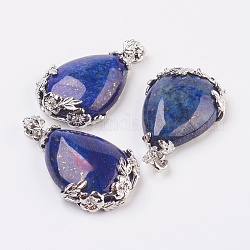 Idées cadeaux Saint Valentin pour les hommes pendentifs lapis lazuli naturel, avec les accessoires en laiton, goutte , platine, 38~41x26x8mm, Trou: 5x4mm