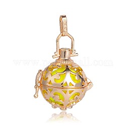 Golden Plated Brass Hollow Round Cage Pendants, with No Hole Spray Painted Brass Beads, Yellow, 34x25x20mm, Hole: 3x8mm
