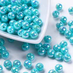 Perles acryliques de poly styrène écologiques, de couleur plaquée ab , ronde, cyan, 8mm, Trou: 1mm, environ 2000 pcs/500 g