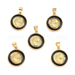 Brass Enamel Pendants, Cadmium Free & Lead Free, Long-Lasting Plated, Flat Round with Virgin Mary, Real 18K Gold Plated, Black, 18x16x2.5mm, Hole: 4.5x3.5mm