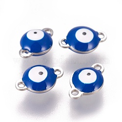 304 Edelstahl-Emaille-Verbindungsstecker, flach rund mit bösen Blick, Edelstahl Farbe, marineblau, 12x8x4 mm, Bohrung: 1.4 mm