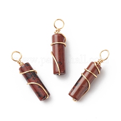 Natural Mahogany Obsidian Pendants, with Golden Tone Copper Wire Wrapped, Column Charm, 18.5~20x5~5.5mm, Hole: 2.5mm