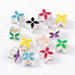 Alloy Enamel European Beads, Large Hole Beads, Flower, Silver Color Plated, Mixed Color, 10x10x8mm, Hole: 5mm
