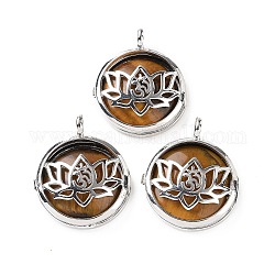 Natural Tiger Eye Locket Pendants, Flat Round Charms, with Platinum Plated Brass Lotus Findings, 31.5x27x9mm, Hole: 4.6mm