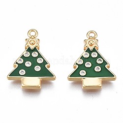 Brass Enamel Pendants, with Pave Clear Cubic Zirconia, Nickel Free, Real 18K Gold Plated, Tree, Green, 17x12.5x2mm, Hole: 1.2mm