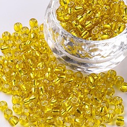 6/0 Perlas de semillas de vidrio, plata forrada agujero redondo, redondo, amarillo, 4mm, agujero: 1.5 mm, aproximamente 6639 unidades / libra