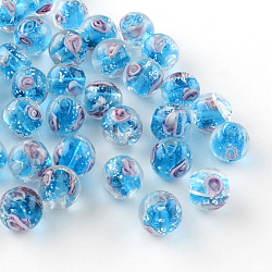Handmade Luminous Inner Flower Lampwork Beads, Round, Deep Sky Blue, 8mm, Hole: 1mm