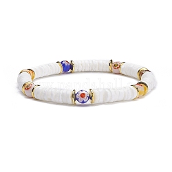 Natürliches, weißes Muschel-Heishi-Perlen-Stretch-Armband, Blume Millefiori Glas rundes Perlenarmband für Frauen, weiß, Innendurchmesser: 2-1/8 Zoll (5.5 cm)
