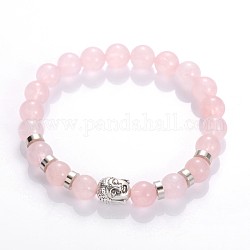 Tête de Bouddha pierres précieuses perles bracelets extensibles, avec des perles de style tibétain et perles de laiton, quartz rose, 55mm