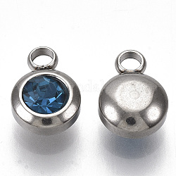 Charms di strass, ciondoli di birthstone di dicembre, con 201 in acciaio inox, rotondo e piatto, colore acciaio inossidabile, capri blu, 9x6.5x4mm, Foro: 1.8 mm