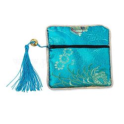 Pochette cadeau de sac de bijoux de fermeture éclair de gland de brocart chinois, carré avec motif de fleurs, bleu profond du ciel, 11.5~11.8x11.5~11.8x0.4~0.5 cm