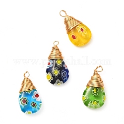 Lampwork Pendants, with Handmade Millefiori Glass Charms and Copper Wire, Teardrop, Mixed Color, 15~15.5x8x4mm, Hole: 1mm