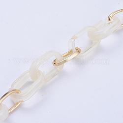 Handmade Paperclip Chains, Drawn Elongated Cable Chains, with Aluminium Linking Rinds and Acrylic Linking Rinds, Imitation Gemstone Style, Light Gold, Antique White, Link: 16x8x2mm, 18.5x11.5x4.5mm, 39.37 inch(1m)/strand