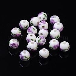 Orchid Flower Handmade Printed Porcelain Ceramic Beads, Round, 10mm, Hole: 3mm