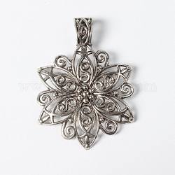 Tibetan Style Alloy Focal Pendants, Lead Free and Cadmium Free, Fancy Filigree Flower, Antique Silver, 64x46.5x1.5mm, Hole: 11x8mm