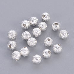 Perle tonde in ottone con texture, nichel libero, colore argento placcato, 4mm, Foro: 1 mm
