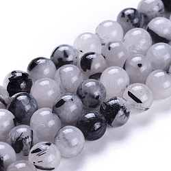 Quartz naturel tourmaliné / perles de quartz rutile noires, ronde, 10mm, Trou: 1mm, Environ 40 pcs/chapelet, 15.7 pouce (40 cm)