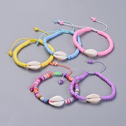 Eco-Friendly Handmade Polymer Clay Heishi Beads Kids Braided Bracelets, with Cowrie Shell Beads and Nylon Cord, Mixed Color, 1-7/8 inch~2-7/8 inch(4.7~7.3cm)