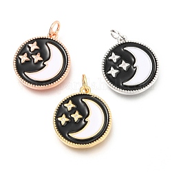 Brass Micro Pave Clear Cubic Zirconia Pendants, Long-Lasting Plated, with Jump Rings & White and Black Enamel, Flat Round with Moon & Star, Mixed Color, 18x16x2mm, Hole: 3mm