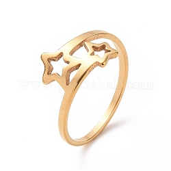 Chapado de iones (ip) 201 anillo de dedo de doble estrella de acero inoxidable, anillo hueco ancho para mujer, dorado, nosotros tamaño 6 1/2 (16.9 mm)