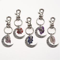 Porte-clés pendentif pierre gemme naturelle, avec des pendentifs en alliage, bagues en fer et trousseaux d'alliage, lune, couleur mixte, 100mm