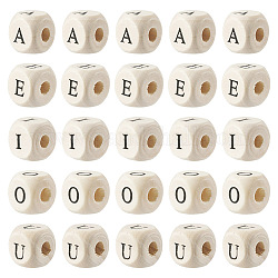 Kissitty 250Pcs 5 Styles Printed Natural Schima Wood Beads, Horizontal Hole, Cube with Initial Letter A, U, I, O, U, Lead Free, PapayaWhip, 12x12x12mm, 50pcs/Style