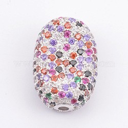 Brass Micro Pave Cubic Zirconia Beads, Long-Lasting Plated, Flat Oval, Platinum, 19x13x8mm, Hole: 2mm