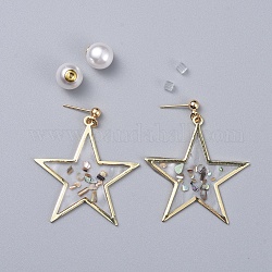 Epoxy Resin Dangle Earrings, with Acrylic Pearl Ear Nuts and Brass Earring Findings, Star, Clear, 46mm, Pin: 0.6mm