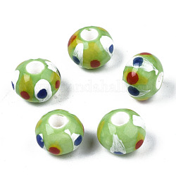 Handgemachte Porzellan europäischen Perlen, Großloch perlen, keine Metallkern, Rondell, hellgrün, 12.5x9.5 mm, Bohrung: 4 mm