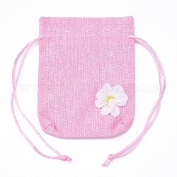 Pochette en toile de jute sachets cadeaux, avec cordon de serrage en polyester et applique fleurie, pour les cadeaux, sacs-cadeaux de faveur du parti, rose, 10x14.6 cm