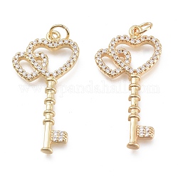 Brass Micro Pave Clear Cubic Zirconia Pendants, with Jump Ring, Heart Key, Real 18K Gold Plated, 32.5x16x2.5mm, Hole: 3mm, Jump Ring:5x0.8