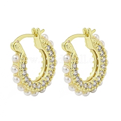 Rack Plating Brass Hoop Earrings, with Cubic Zirconia and Plastic Pearl, Cadmium Free & Lead Free, Real 18K Gold Plated, 21.5x4.5mm