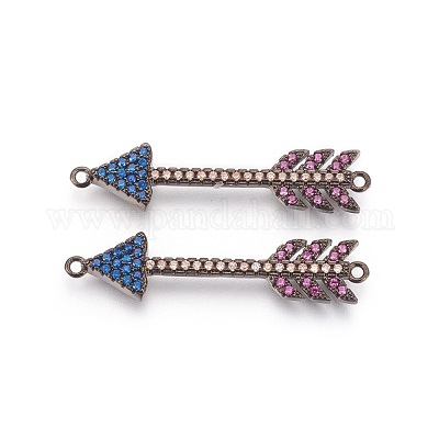 Brass Micro Pave Cubic Zirconia Links, Lead Free & Cadmium Free,  Long-Lasting Plated, Arrow, Colorful, Gunmetal, 36x8x3mm, Hole: 1mm