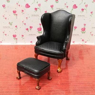 アンティーク黒革ソファ（ドール用）お値引中 ドールハウスミニチュア家具モデル用のフットレスト付きシングルおよび