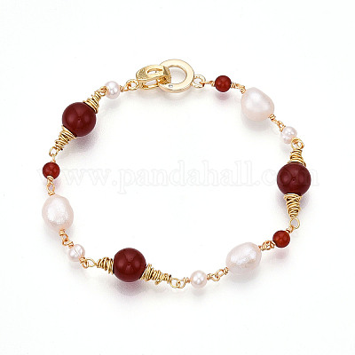 Браслеты из бусин натурального жемчуга и красного агата BJEW-N031-02G-1