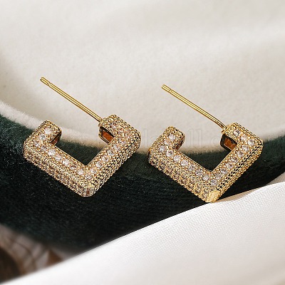 Женские серьги-гвоздики из латуни с микро-паве в форме квадратной коробки с прозрачным кубическим цирконием EJEW-A110-07G-1