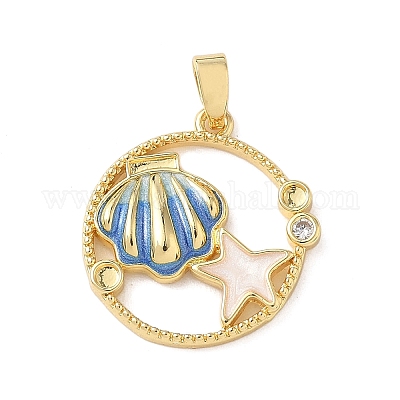 Плоская круглая подвеска в форме ракушки с микропаве из латуни с прозрачными кубическими циркониями KK-P334-17G-01-1