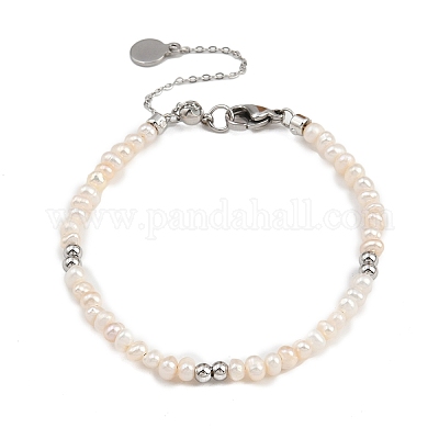 Браслеты из круглых бусин из латуни и натурального жемчуга для женщин BJEW-D366-02P-1