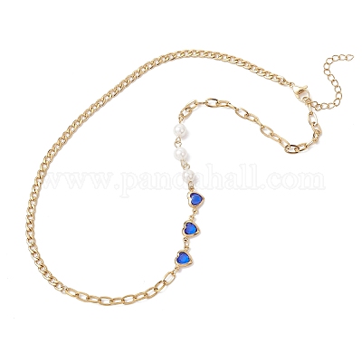 2 шт. Женские ожерелья-цепочки из нержавеющей стали 304 с круглым белым жемчугом и сердцем в форме сердца NJEW-JN05594-1