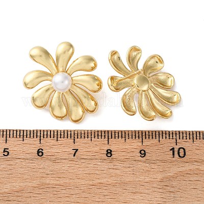 Серьги-гвоздики из искусственного жемчуга с цветком из латуни и АБС-пластика EJEW-U062-05G-1