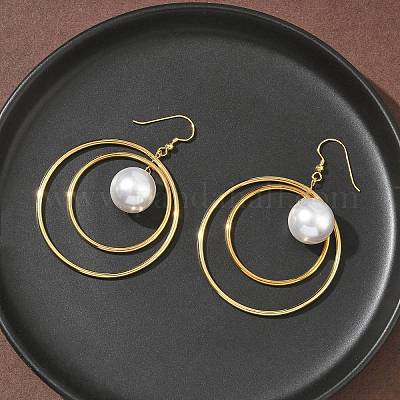 Серьги-подвески из искусственного жемчуга с гальваническим покрытием из нержавеющей стали 304 EJEW-Z129-04G-1