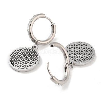 Полые плоские круглые серьги с цветком из нержавеющей стали 304 EJEW-L283-088P-1