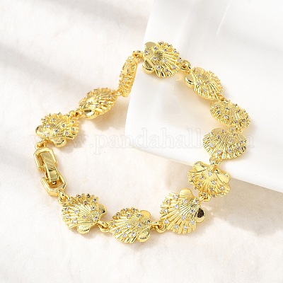 Летние пляжные браслеты-цепочки из латуни с микропаве из прозрачных кубических цирконий в форме ракушки BJEW-C118-02B-G-1