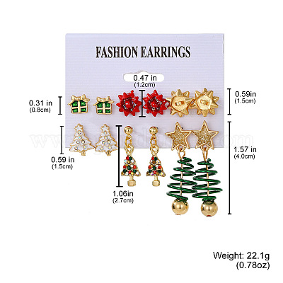 6 пара серег-гвоздиков из сплава со стразами на рождественскую тематику FS-WGD5F37-03-1
